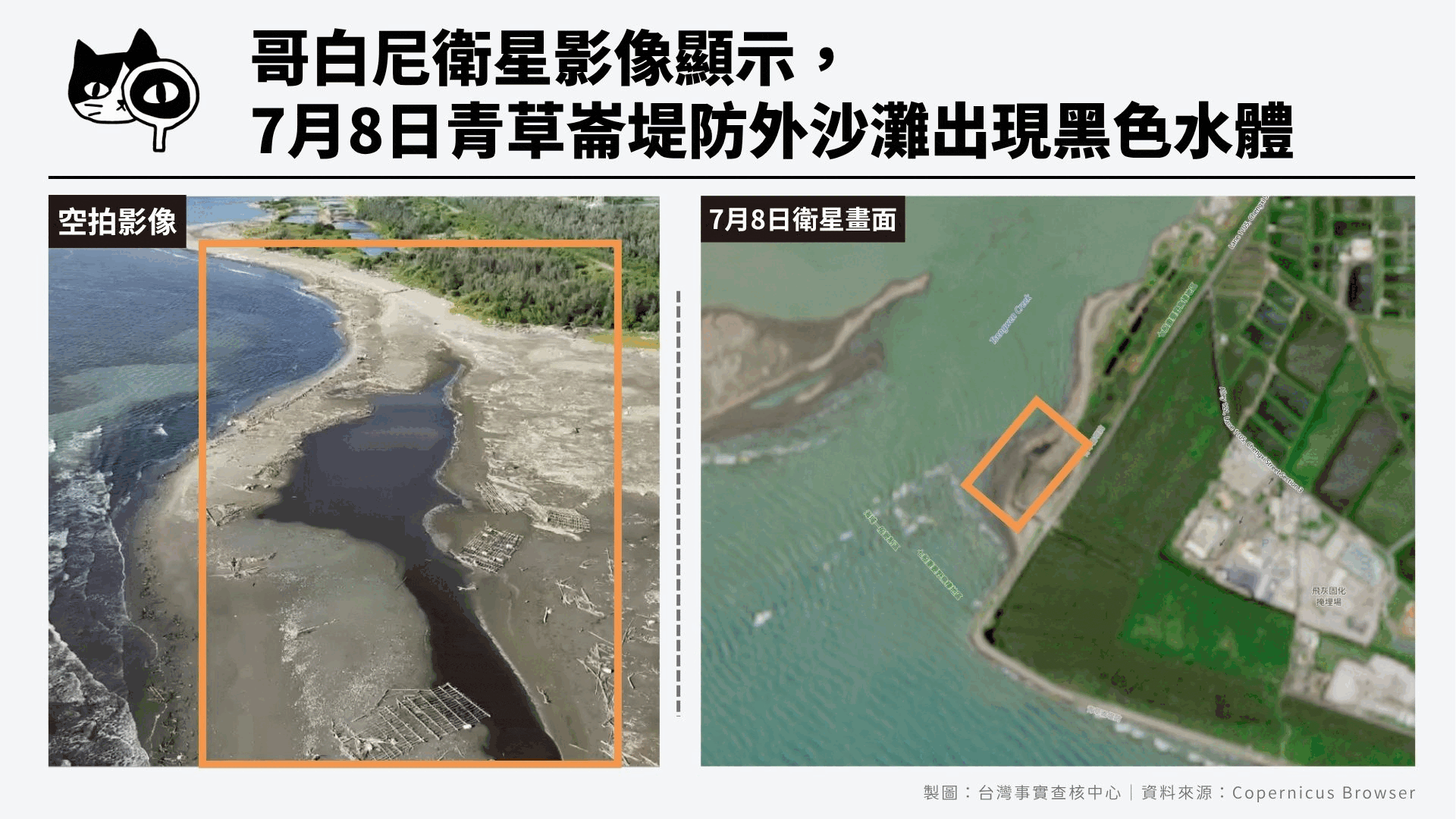 哥白尼衛星影像顯示,7月8日青草崙堤防外沙灘出現黑色水體