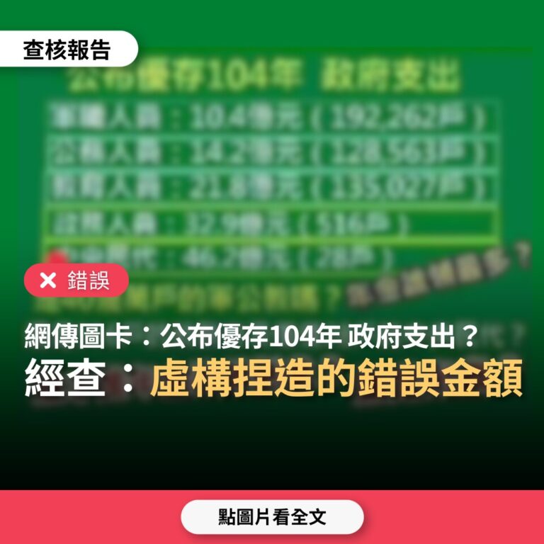 【錯誤】網傳圖卡「公布優存104年政府支出，軍公教比政務人員低」？