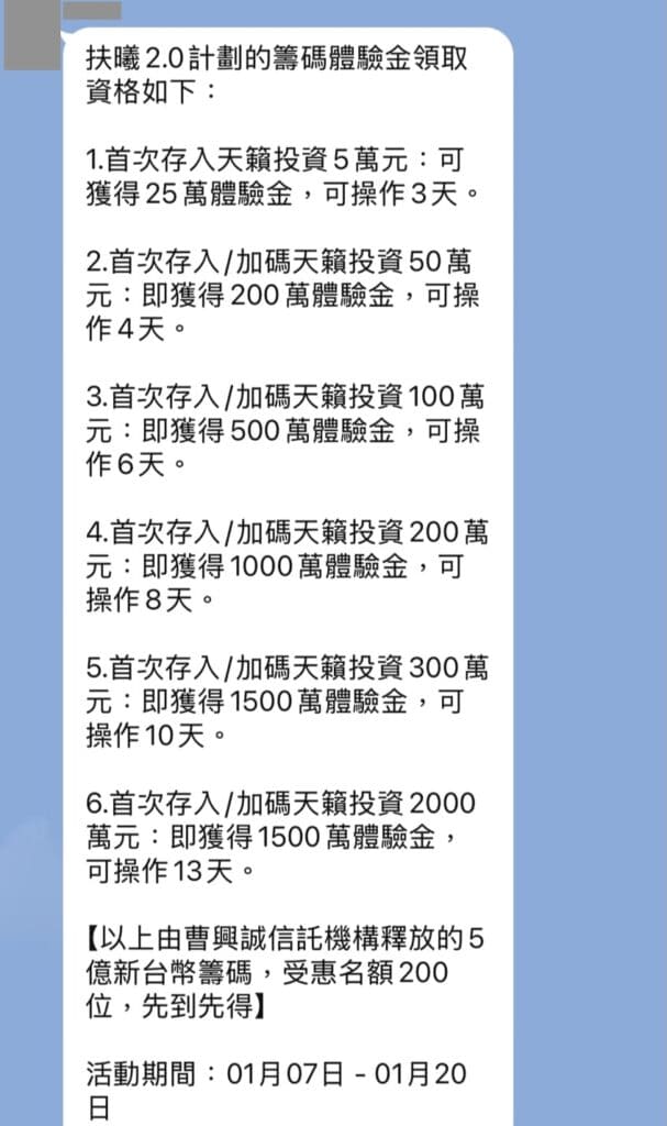 LINE投資群組引用假冒曹興誠名義的投資訊息