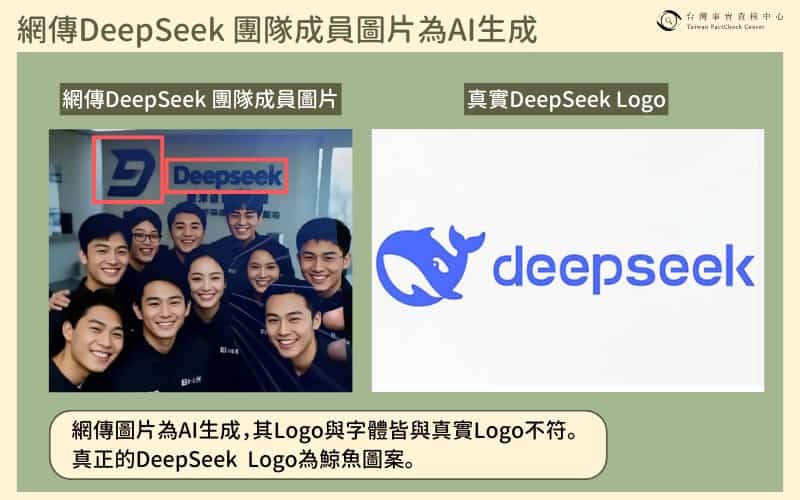 網傳圖片是AI生成，其Logo與DeepSeek的鯨魚Logo不同／查核中心製圖