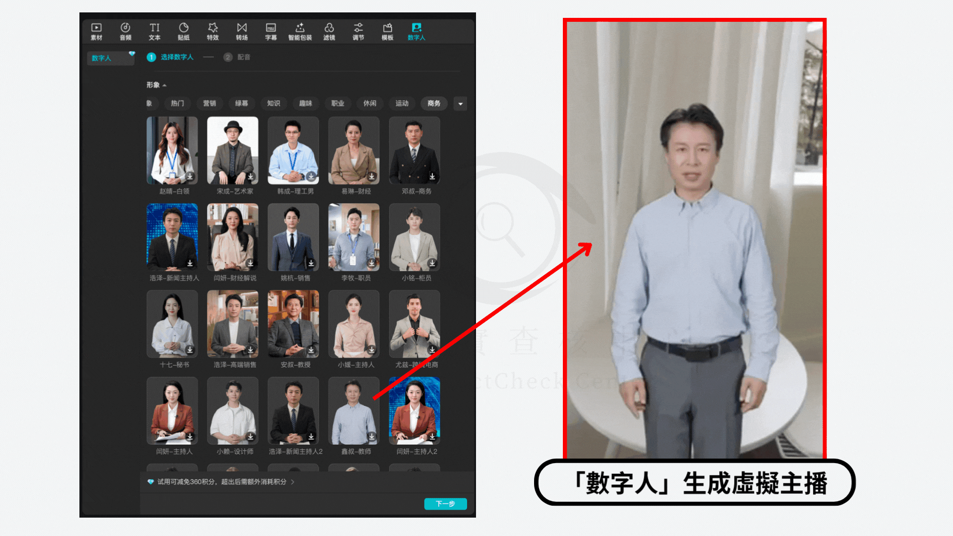 使用剪輯軟體生成虛擬主播範例／查核中心製圖