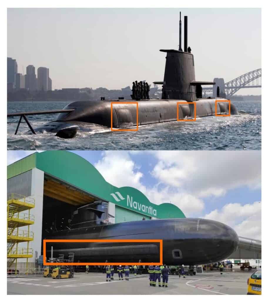 上為澳洲海軍柯林斯級潛艇、下為西班牙海軍SP-80柴電攻擊潛艦,均可見凸起的聲納結構(橘框) / 擷取自 澳洲海軍網站、UK Defence Journal