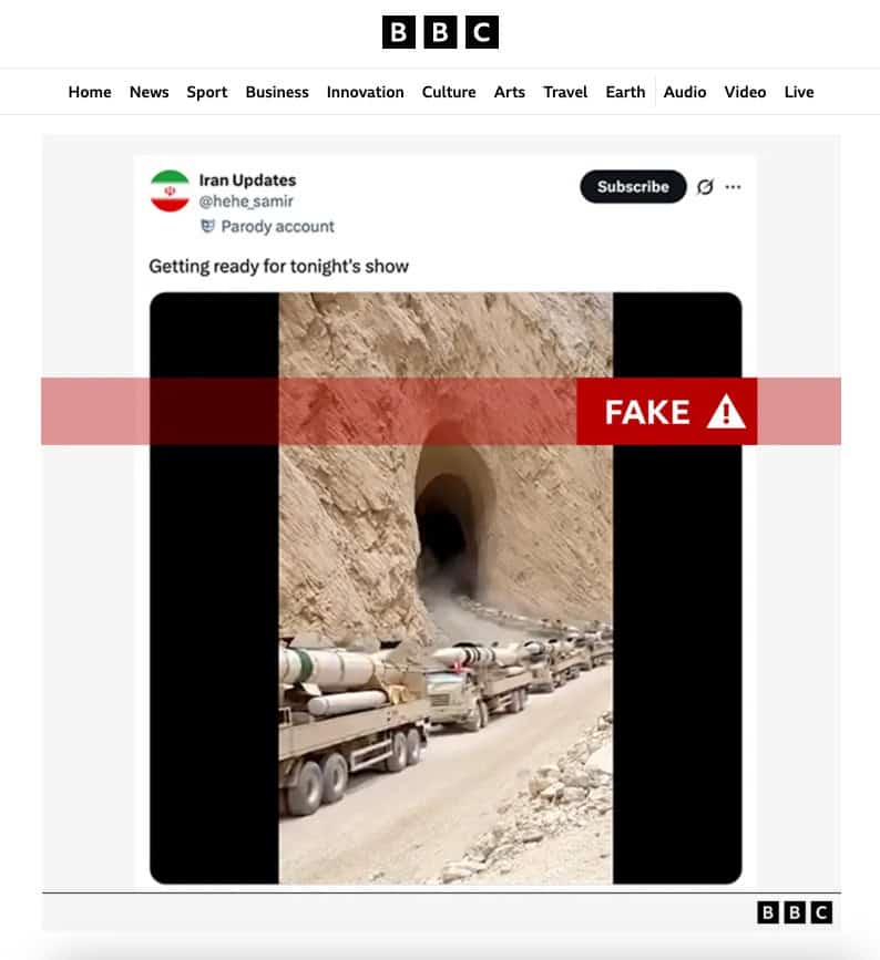 根據《BBC》報導，網傳卡車載送飛彈的畫面，有AI生成的痕跡。然而，當用戶求助社群平台的AI工具核實時，AI工具卻堅稱影片為真。（圖片擷取自《BBC》報導）