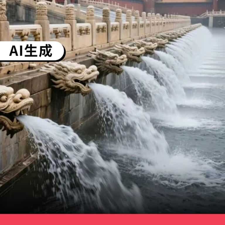 網傳北京故宮暴雨出現「千龍吐水」，為AI生成圖片