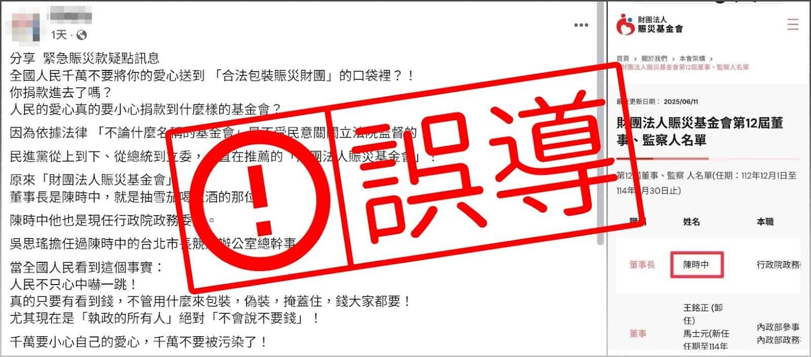 一則Facebook訊息宣稱揭露衛福部轄下的賑災基金會是由民進黨掌控,呼籲民眾不要捐款給賑災基金會。(擷自MyGoPen)