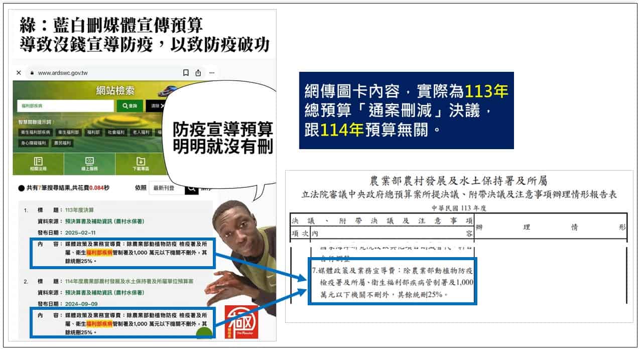 網傳圖卡查詢113年舊資訊,卻宣稱沒有刪減今年防疫宣傳預算。