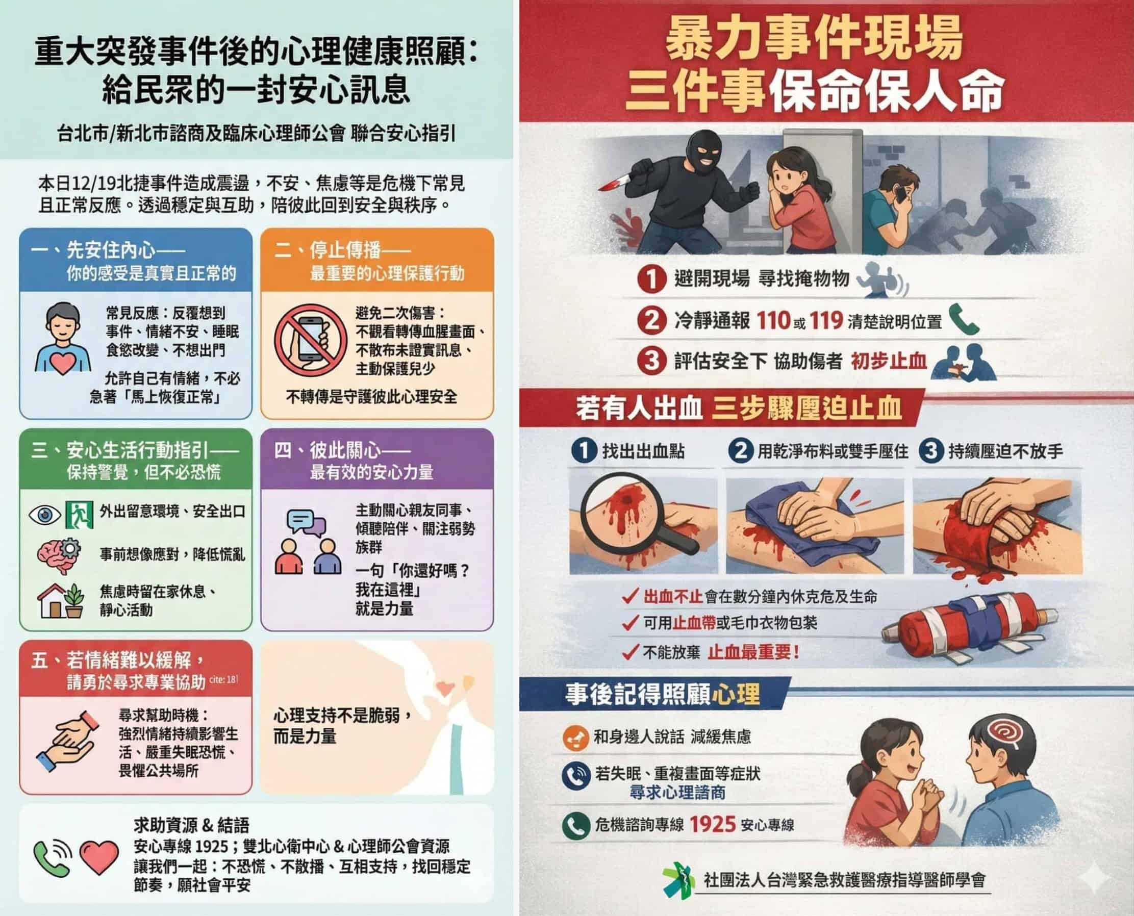 許多專業團體在事件發生後分享指引，呼籲民眾如何應對相關情況與照顧自己的心理健康。左為台北市/新北市諮商及臨床心理師公會，右為台灣急診醫學會圖卡