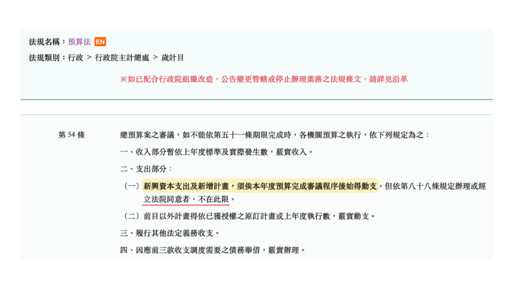 《預算法》第54條指出，新興資本支出與新增計劃需經審議程序，但經立院同意者不在此限。（全國法規資料庫）