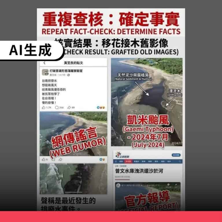 網傳「台南排廢水是舊影像」圖卡，是以AI生成的錯誤訊息