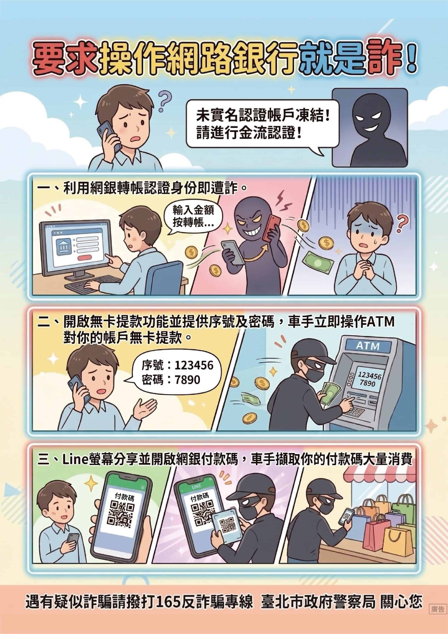不論是網銀轉帳、無卡提款,甚至是付款碼,這些都是「實名認證」詐騙手法。(台北市政府警察局)