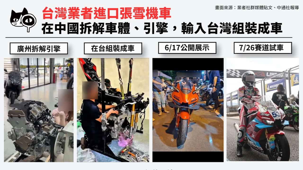 機車業者自稱在中國拆解零件,輸入台灣組裝成車