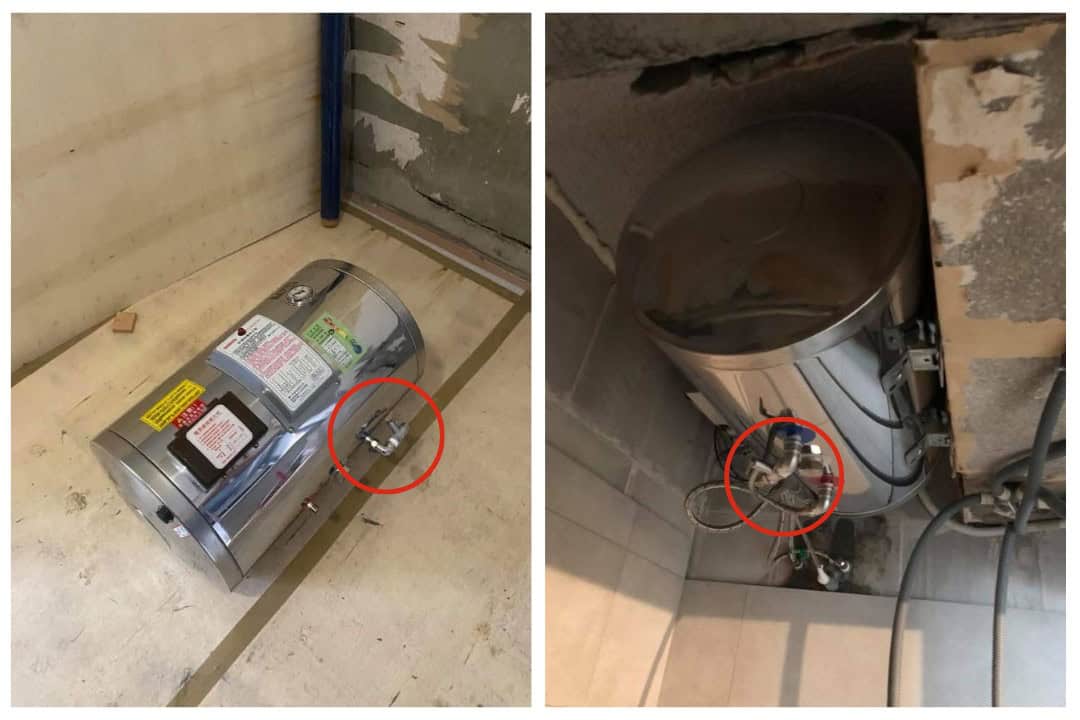 儲熱式電熱水器,紅圈處為洩壓閥。(陳致融提供)