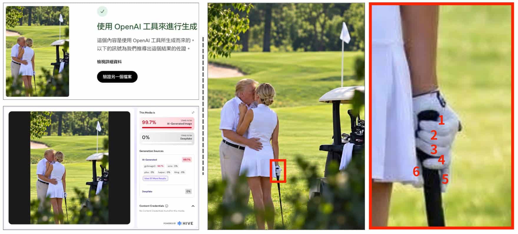 清晰版本圖片,透過多個AI檢測工具,結果均顯示為AI生成;畫面中女子出現6隻手指