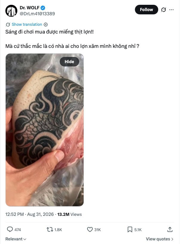 目前「刺青肉」照片最早可追溯到越南文帳號,內文中也清楚解釋是豬肉。(翻攝 X)