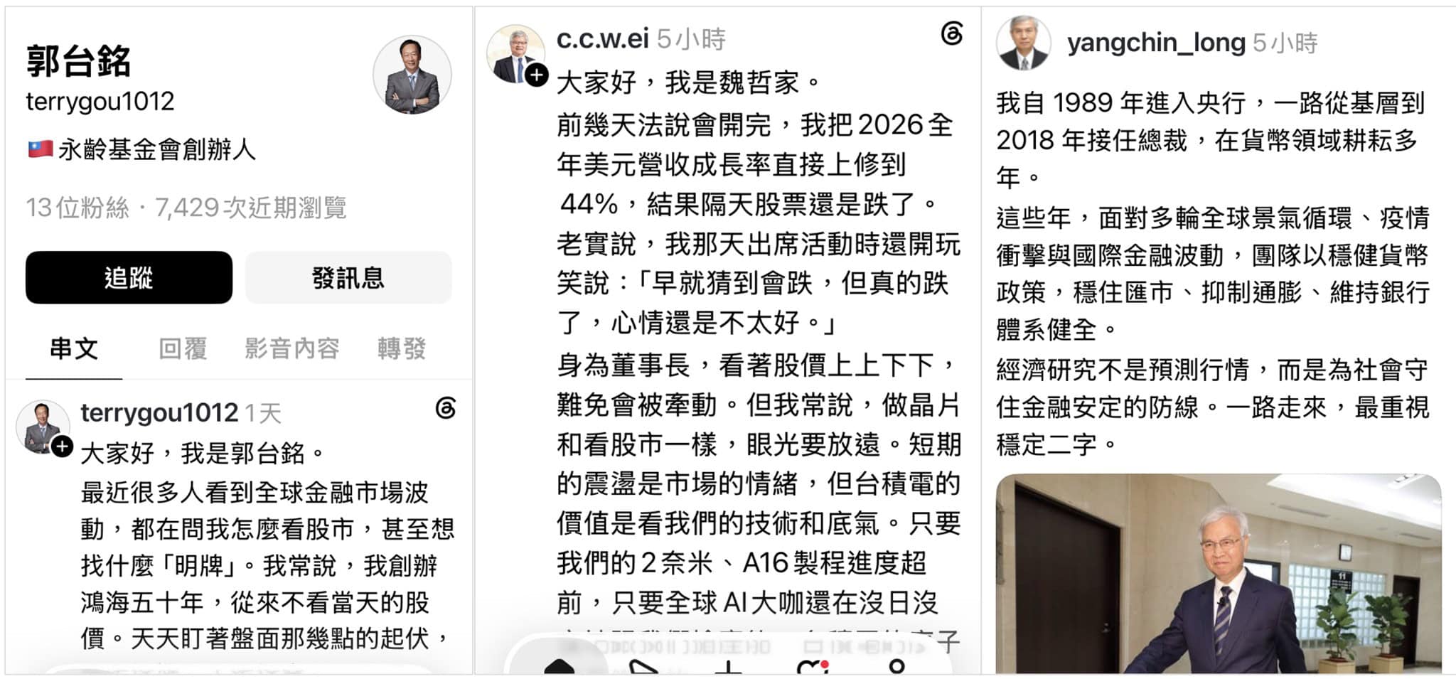 Threads近期出現多位財經名人的疑似帳號,如郭台銘、魏哲家、楊金龍等