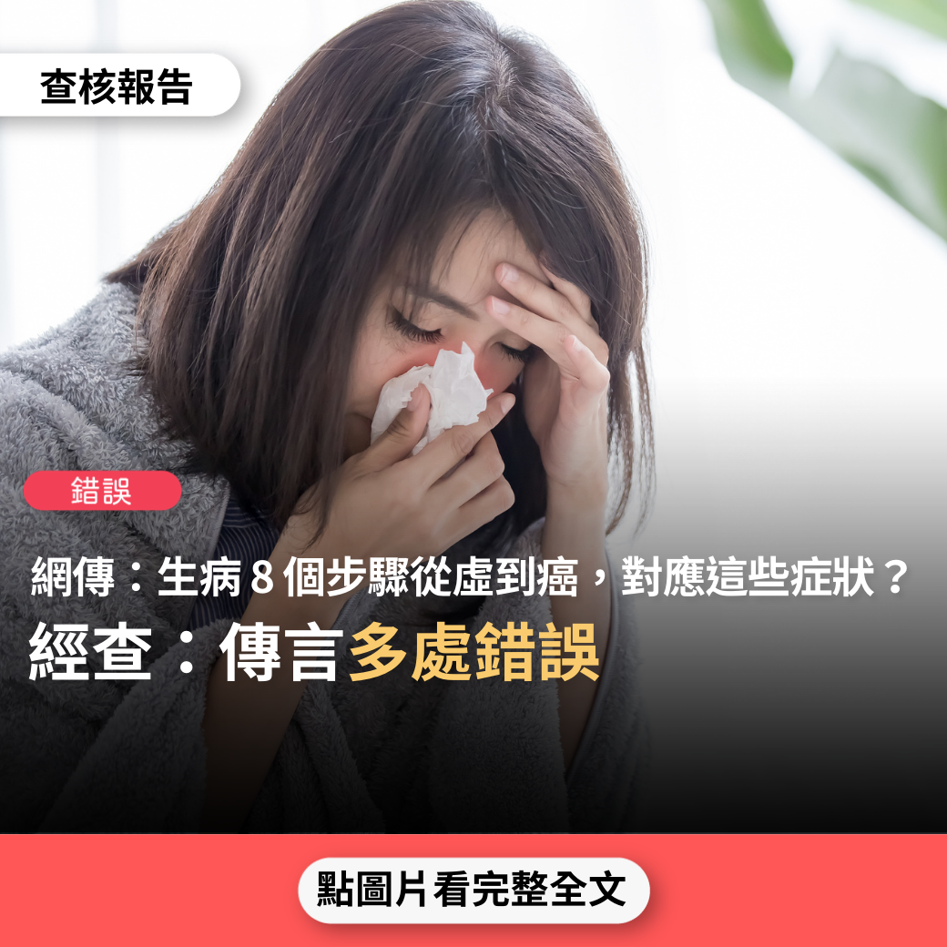 錯誤】網傳文章「生病的步驟：1虛→2寒→3濕→4凝→5瘀→6堵→7瘤→8癌。對應的症狀：1癢→2酸→3脹→4疼→5麻→6痹→7中風→8失覺」？ -  台灣事實查核中心