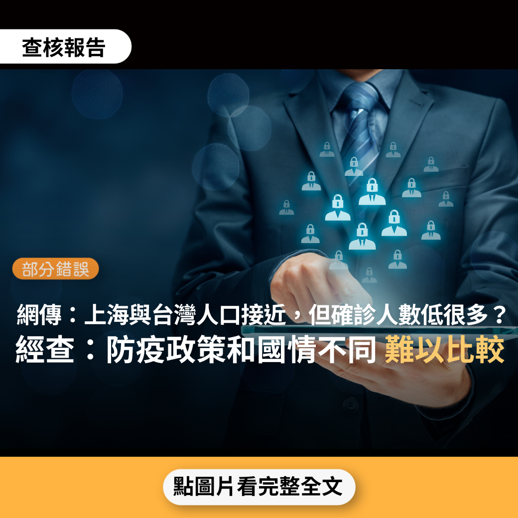 【部分錯誤】網傳「上海人口2489萬，台灣人口2348萬，人口數很接近的。新冠確診人數：台灣418萬，上海6.3 萬。新冠死亡人數：台灣7917人，上海595人。不比不知道，一比氣死人」？