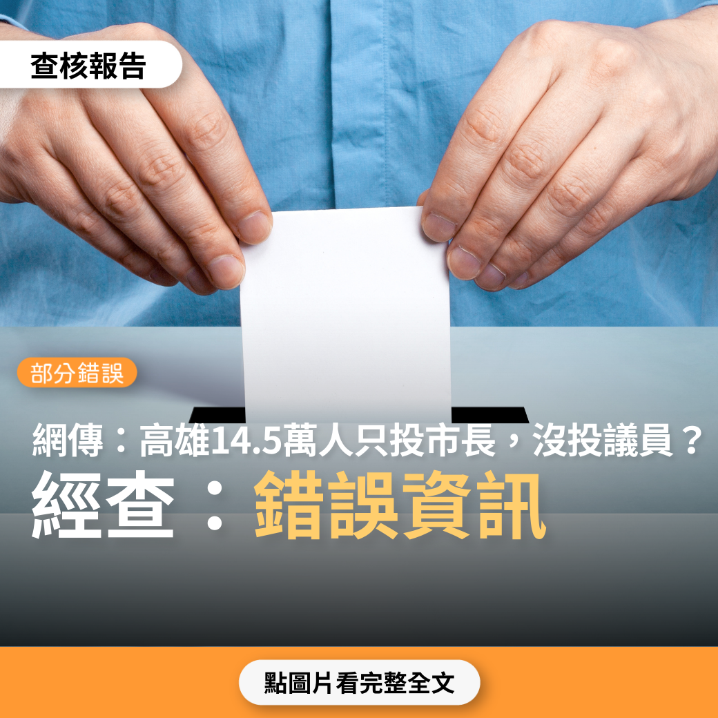 【部分錯誤】網傳「高雄市選舉三點耐人尋味….高達14.5萬人只投市長，沒投議員，而且還沒公布廢票」？