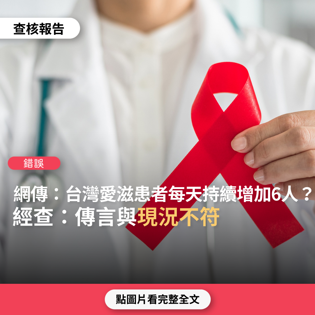 【錯誤】網傳「台灣新增愛滋以每天約6人的速度持續增加中，國外愛滋患者紛紛湧入台灣，台灣成為全球居冠愛滋病島」?