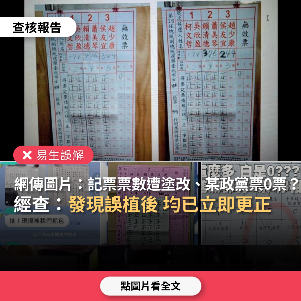 【易生誤解】網傳圖片「選務記票票數遭塗改、某政黨政黨票0票」？