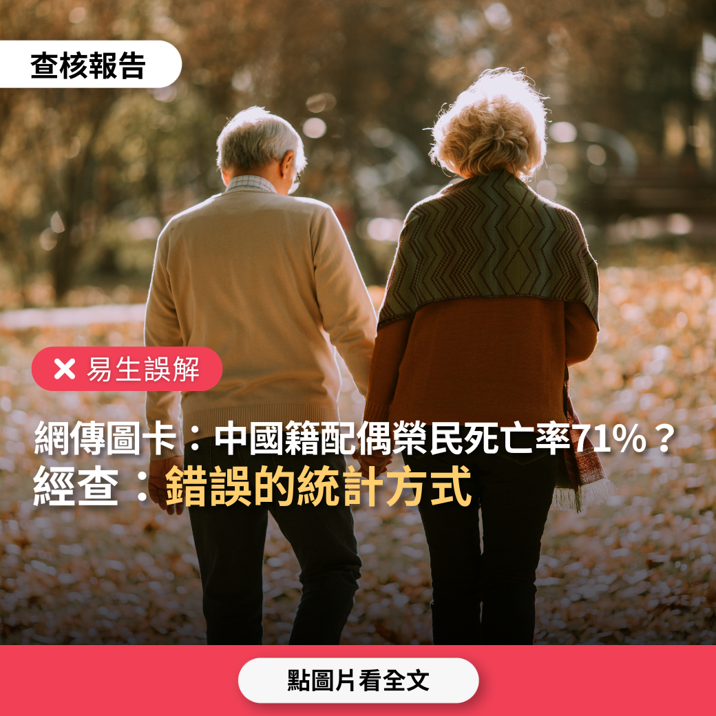 【易生誤解】網傳圖卡「與中國籍配偶結婚的榮民的死亡率71%」？