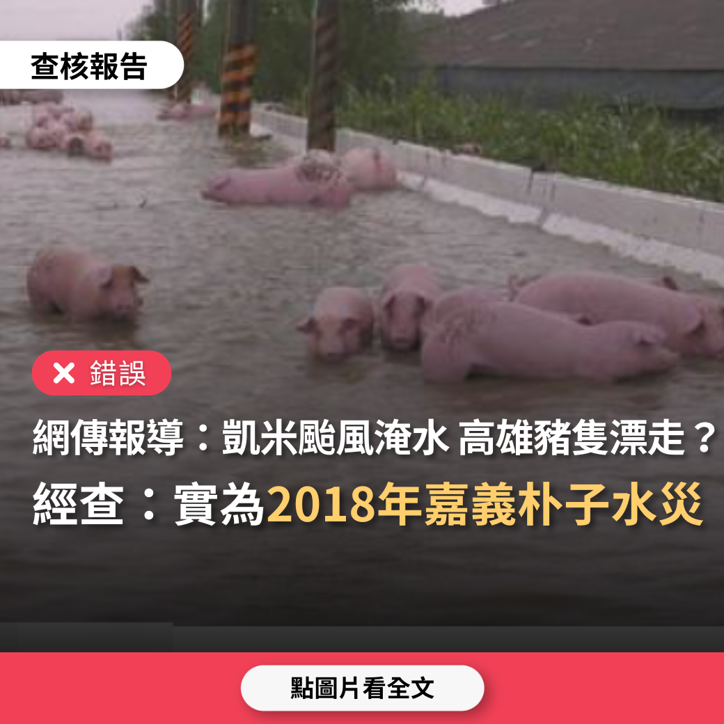 【錯誤】網傳報導擷圖「凱米颱風淹水，高雄阿蓮區豬仔漂走」？