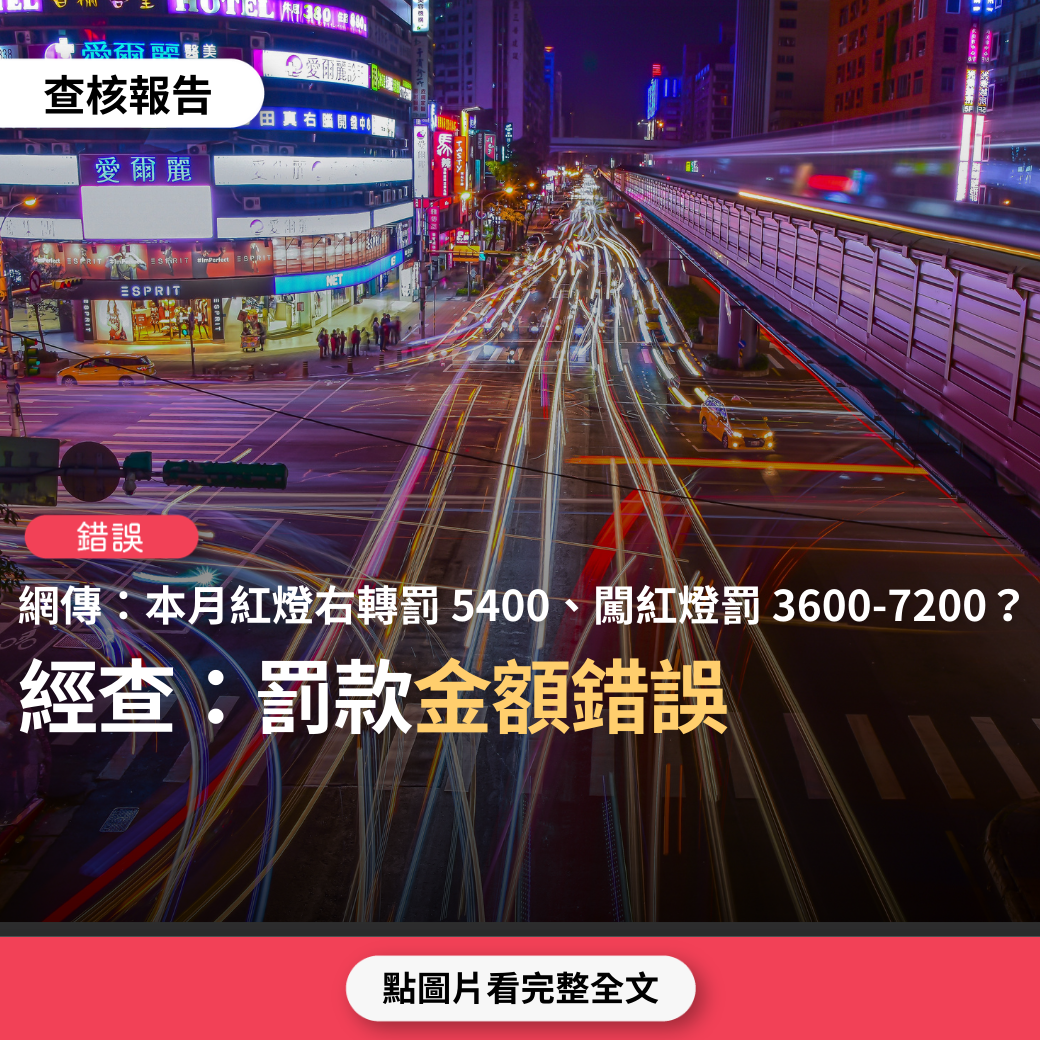 【錯誤】網傳「本月20日開始，紅燈右轉罰 5400、闖紅燈罰 3600-7200…酒駕裁罰新規…」？